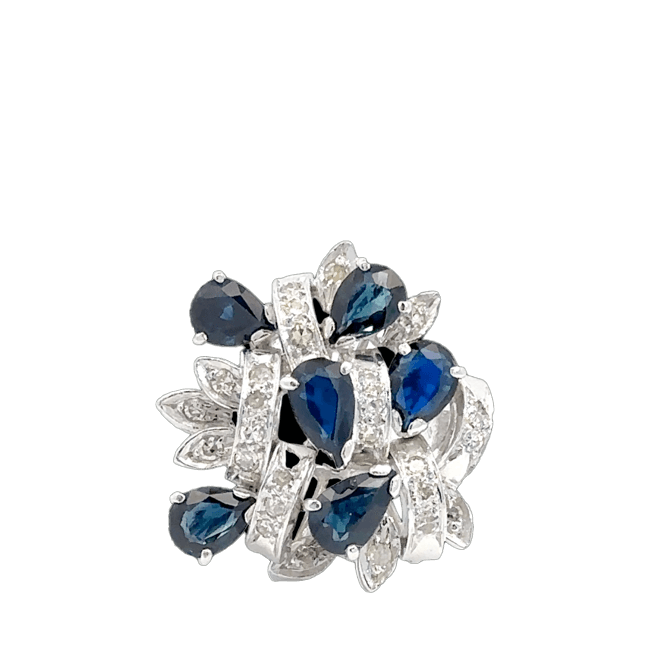  RING 14K WHITE GOLD 6 SAPPHIRES 26 DIAMONDS